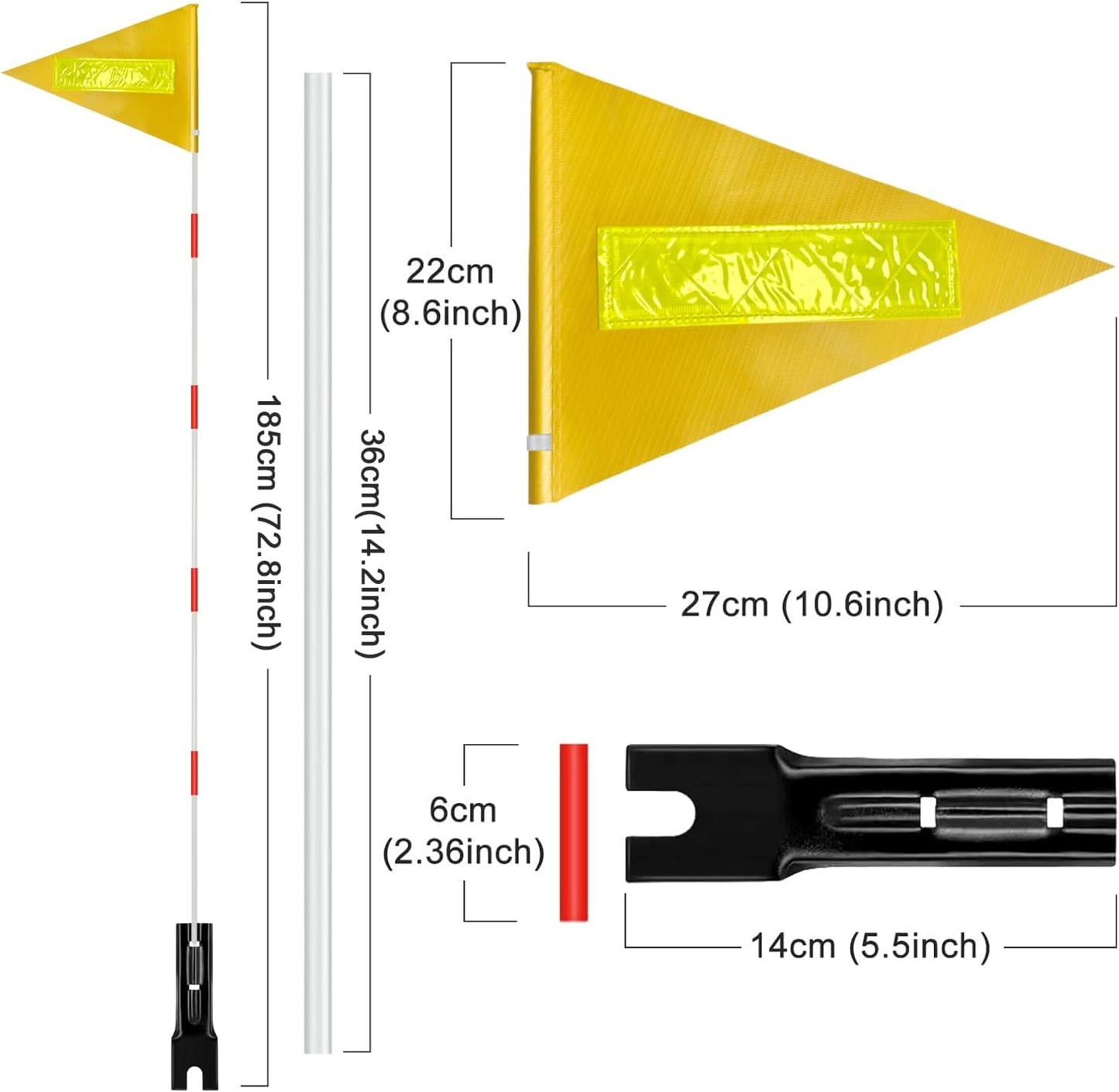 2 Pcs Bike Safety Flag with Poles Yellow Reflective Strip Flag Adjustable Height Fiberglass Pole Safety Sign