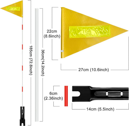 2 Pcs Bike Safety Flag with Poles Yellow Reflective Strip Flag Adjustable Height Fiberglass Pole Safety Sign