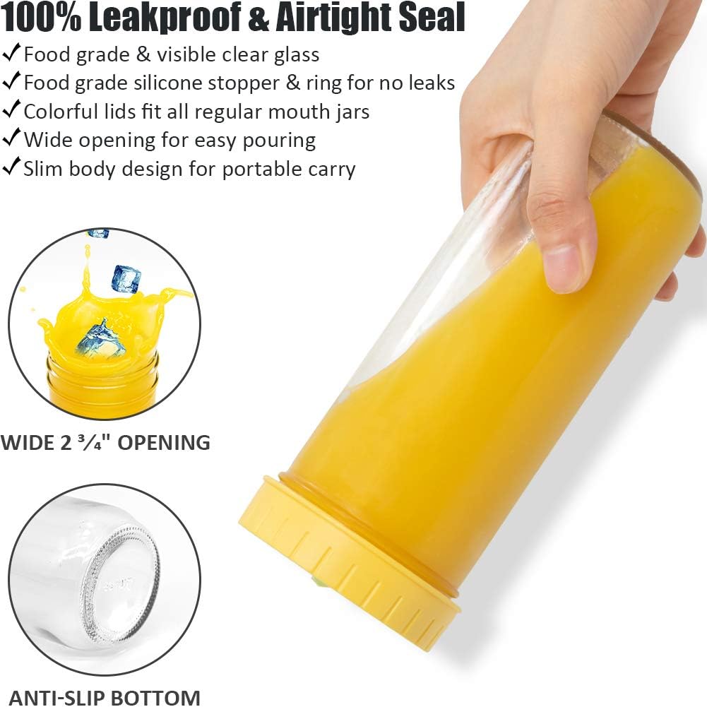 Travel Drinking Jars 6 Pack 16oz Mason Jars Regular Mouth Beverage Bottle with Airtight Lids &Straws