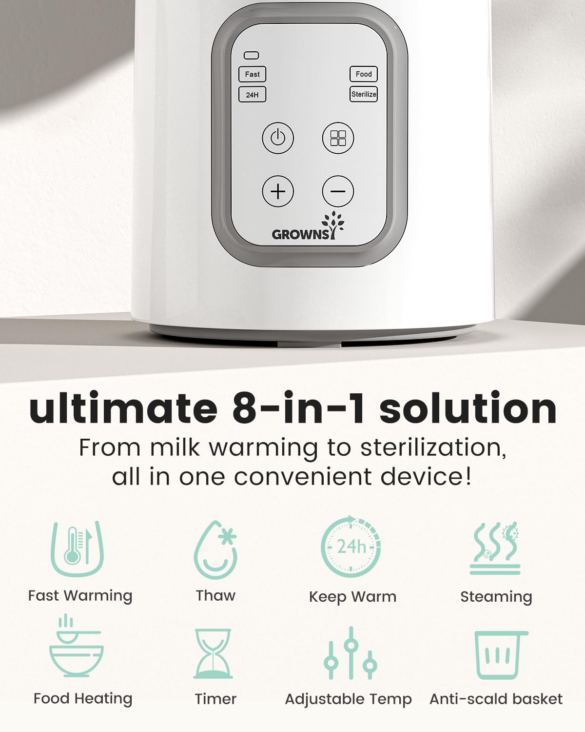 Grownsy 8-in-1 Fast Baby Bottle Warmer with Timer, Safe for Breastmilk Nutrients, Accurate Temperature Control