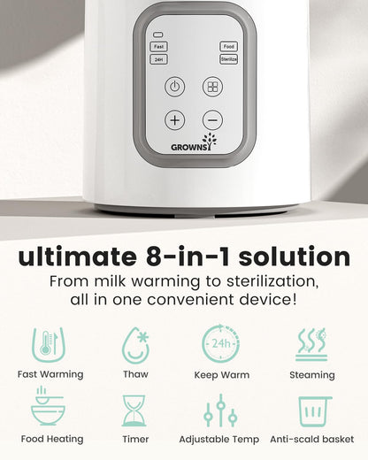 Grownsy 8-in-1 Fast Baby Bottle Warmer with Timer, Safe for Breastmilk Nutrients, Accurate Temperature Control
