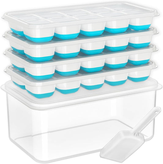 4 Pack Silicone Ice Cube Trays for Freezer Stackable Ice Bucket Kits with Storage Container & Scoop for Kitchen
