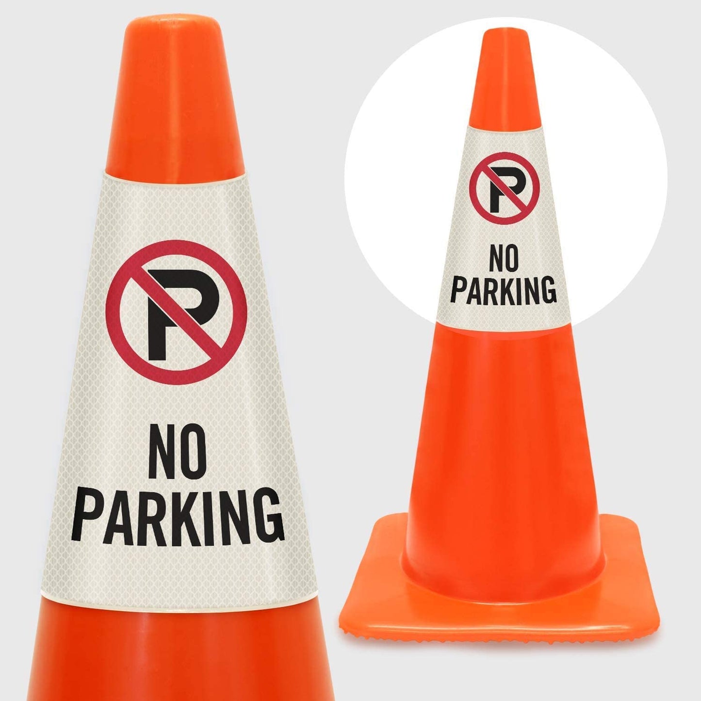 6 Pack "No Parking" Reflective Cone Message Sleeve Collar with Symbol 360-Degree Visibility Non-Adhesive Vinyl Signs