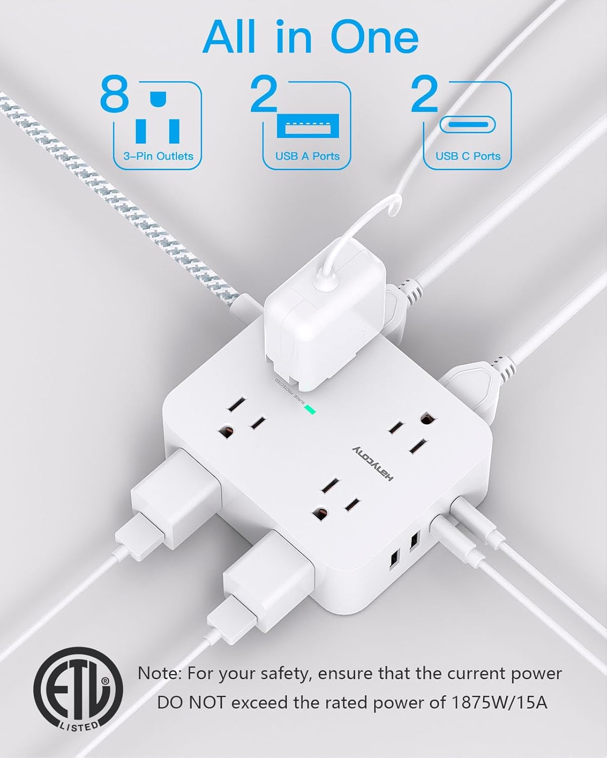 Protector Power Strip Charging Ports Multi Plug Outlet Extender 5Ft Braided Extension Cord, Flat Plug Wall Mount