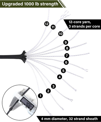 12 Strand Nylon Tactical Parachute Cord 100ft–1000ft Utility Rope for Survival Camping Hiking