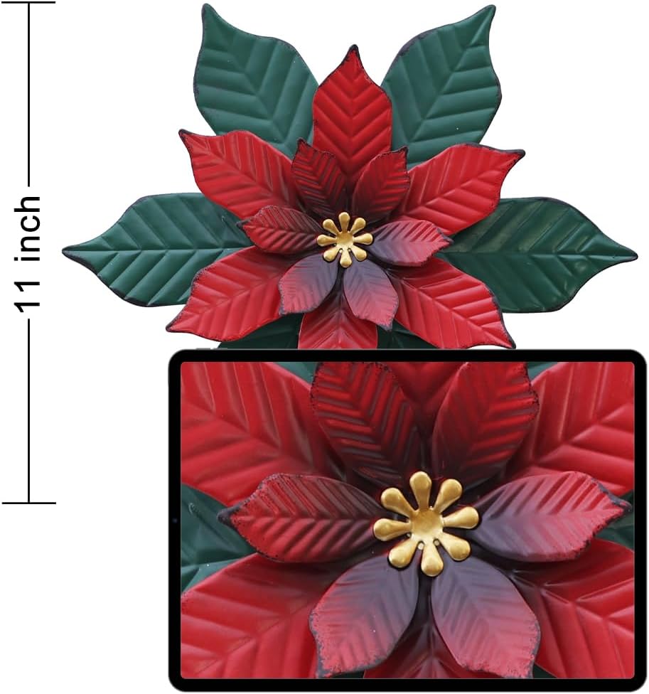 11 inch Metal Flower Wall Art Decor Poinsettia Yard Garden Decor Hanging for Kitchen, Bathroom, Bedroom,