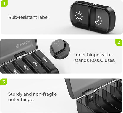Weekly Pill Organizer 2 Times a Day, Pill Box 7 Day with One-Side Large Openings for Easy to Use, Black Privacy Protection