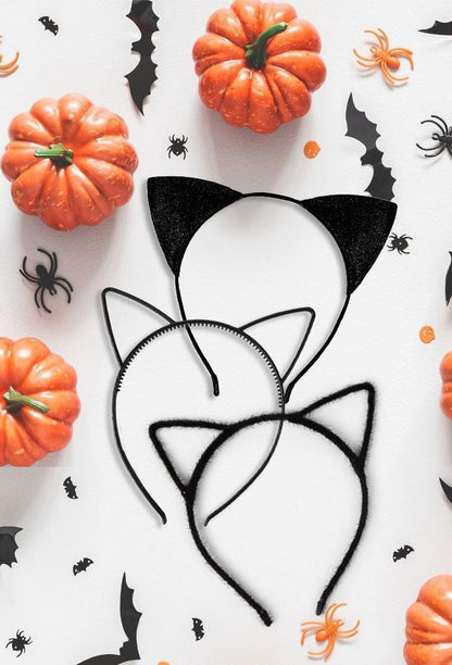 Cat Ears Headbands for Women Adult Black: Halloween Cat Women Costume Outfit Hair Accessories 3 Pack