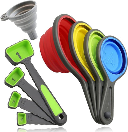 Collapsible Measuring Cup 8 Piece Measuring Tools and 1 Funnel Engraved Metric US Markings for Liquid