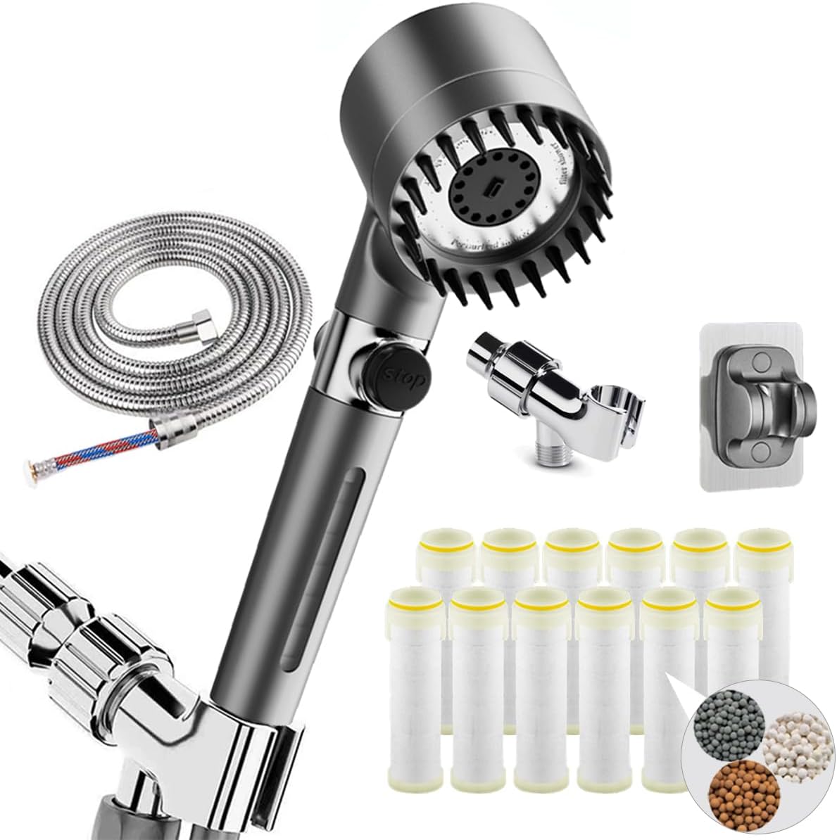 Shower Head with Handheld High Pressure 3 Spray Modes Showerhead with Filters 12 Replaceable Water Softener