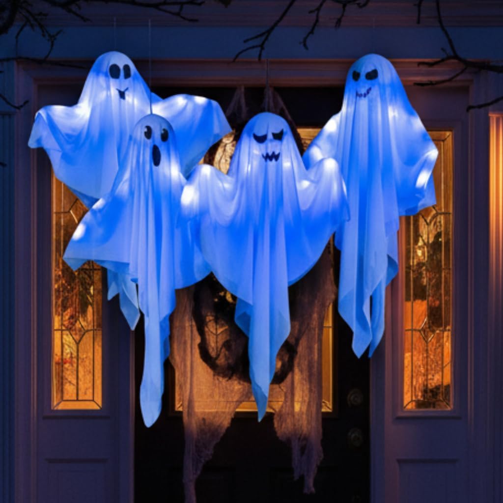 4 Pack 27.5" Light Up Spooky Floating Ghosts with Blue LED Outdoor & Indoor Haunted House Porch Yard