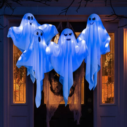 4 Pack 27.5" Light Up Spooky Floating Ghosts with Blue LED Outdoor & Indoor Haunted House Porch Yard