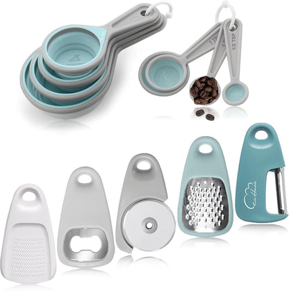 Set 13 Piece Space Saving Cooking Tools Includes Cheese Grater Pizza Cutter Peeler Bottle Opener