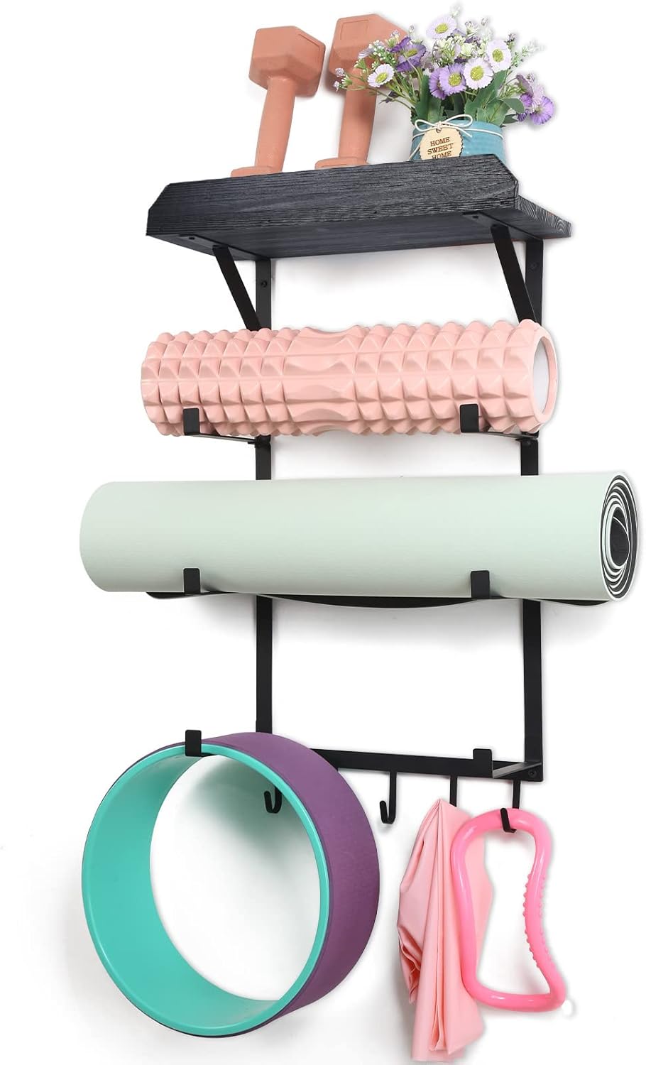 17" x 28" Yoga Mat Rack Home Gym Accessories Storage for Foam Roller with Wood Floating Shelves