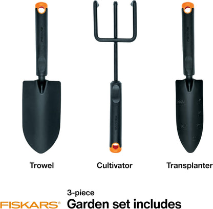 3 Piece Garden Tool Set Trowel Transplanter Cultivator Rust-Resistant Steel Heads