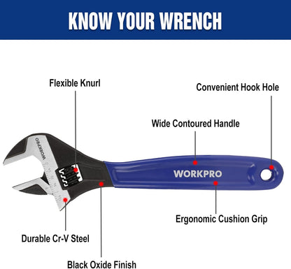 2-Piece Adjustable Wrench Set 6-Inch & 10-Inch Wide Jaw Black Oxide Wrench Cr-V Steel