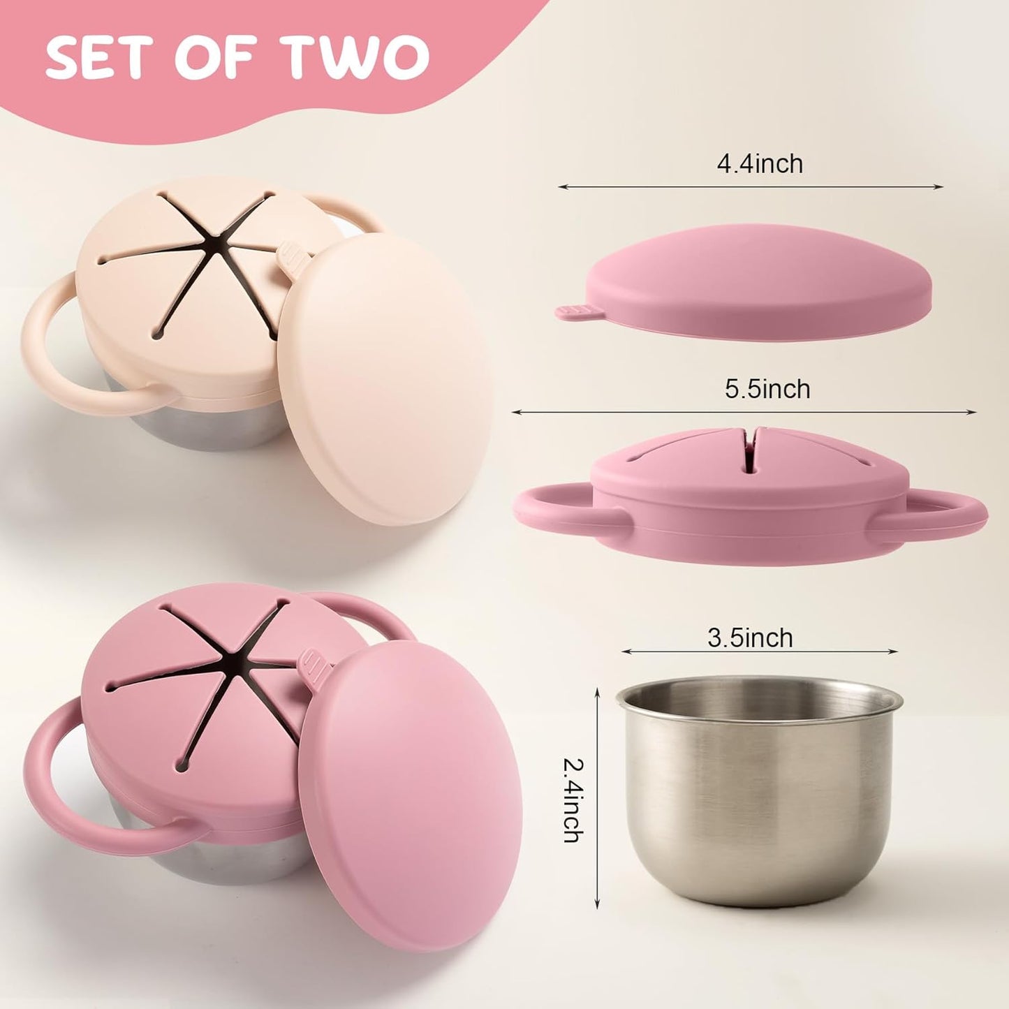 2 Pack Containers for Toddlers Stainless Steel Toddler Snack Cups with Silicone Food Catcher & Lids