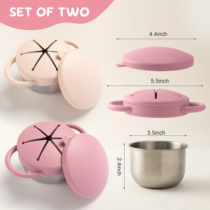 2 Pack Containers for Toddlers Stainless Steel Toddler Snack Cups with Silicone Food Catcher & Lids