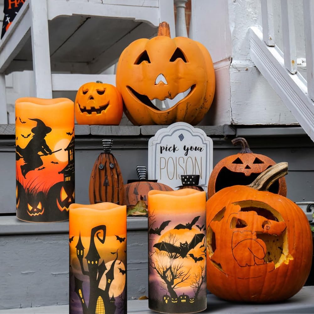LED Flameless Pillar Candles Battery Operated with 6 Hour Timer Set of 3 Orange Wax Warm Light