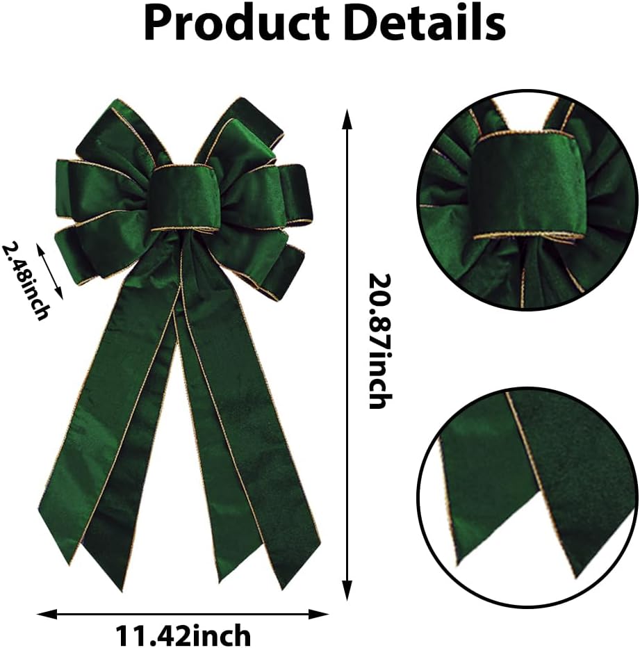 Green Wreath Bow  20 * 11 Inch Golden Edged Velvet Tree Topper Ornament for Xmas Winter Home