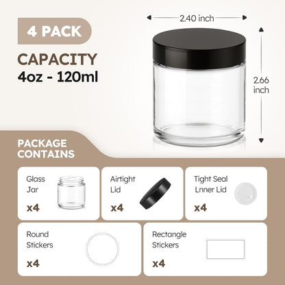 4 Pack Clear Small Glass Jars with Black Lids Leakproof Round Airtight Empty Cosmetic Travel Containers with Inner Liners