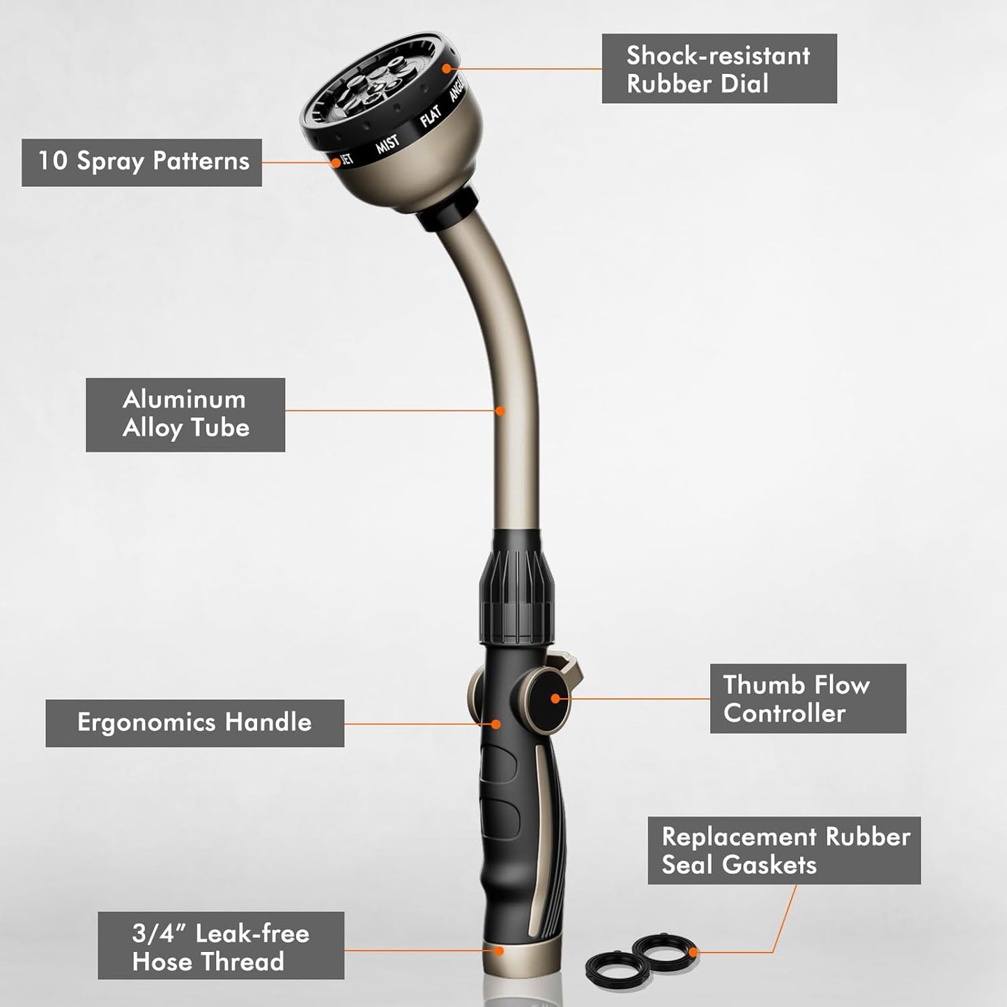 Heavy Duty Metal Garden Hose Wand with 10 Spray Patterns 15-Inch Long Hose Nozzle Sprayer with Thumb Flow Control