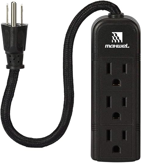 Power Strip Wall Mountable ETL Listed 3 Grounded Outlets 10 Inch Braided Short Cord Black Mini Power Strips