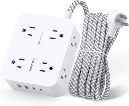 Protector Power Strip Charging Ports Multi Plug Outlet Extender 5Ft Braided Extension Cord, Flat Plug Wall Mount
