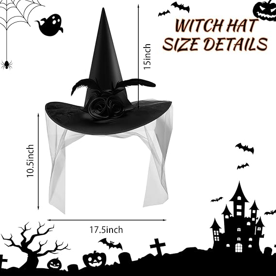 Halloween Witch Hat Halloween Costume Witches Hats for Women attached with Roses & Feathers
