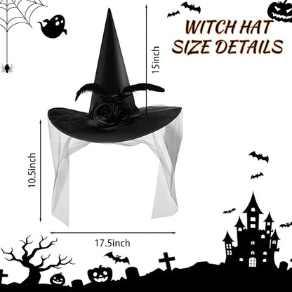 Halloween Witch Hat Halloween Costume Witches Hats for Women attached with Roses & Feathers