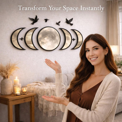 Moon Phase Mirror Set with Birds Scandinavian Natural Home Boho Wall Decor Aesthetic Witchy