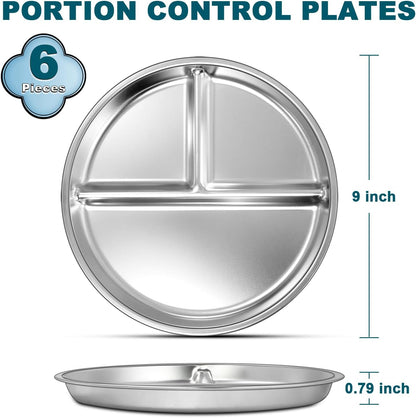 Set of 6, 9" Portion Control Plates Divided Plate for Adults Kids Balance Lunch Non Slip Unbreakable