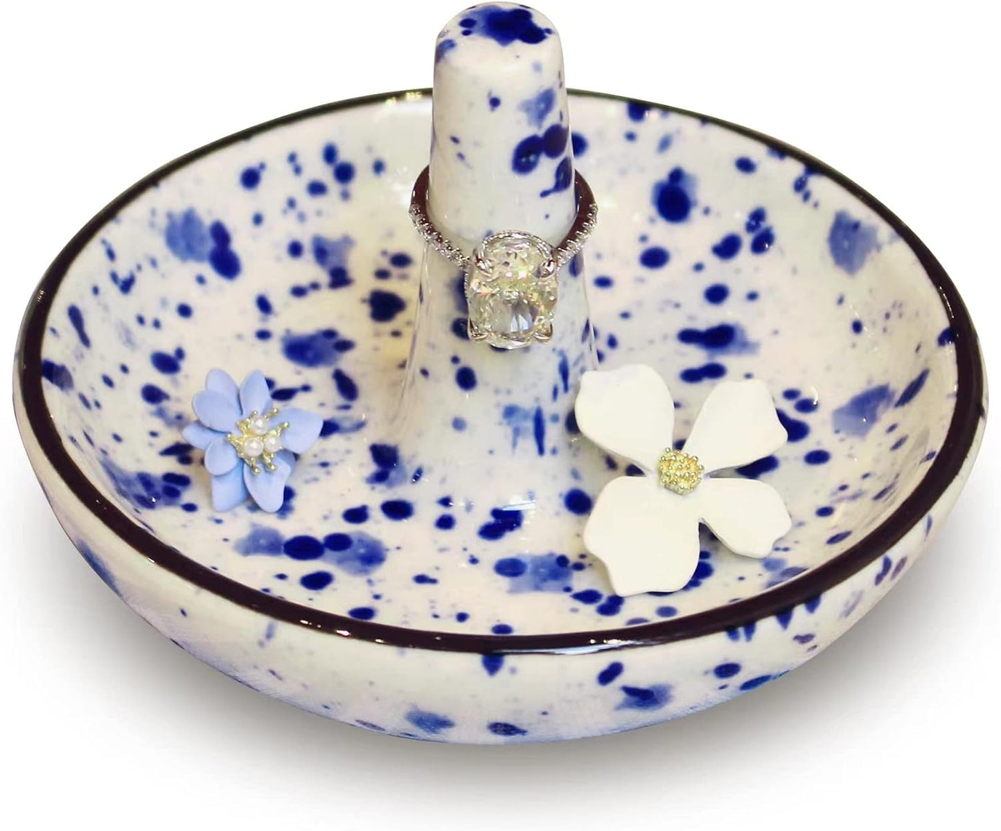 Ceramic Ring Stand With Jewelry Plate Blue Dots Jewelry Holder for Rings Earrings Necklace Organizer