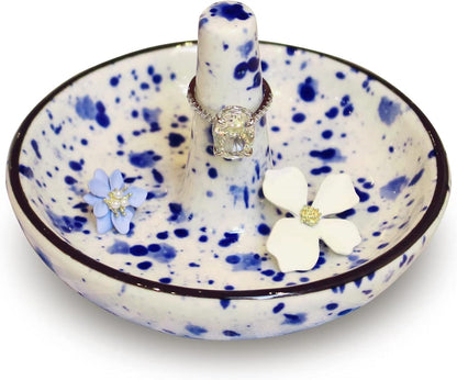 Ceramic Ring Stand With Jewelry Plate Blue Dots Jewelry Holder for Rings Earrings Necklace Organizer