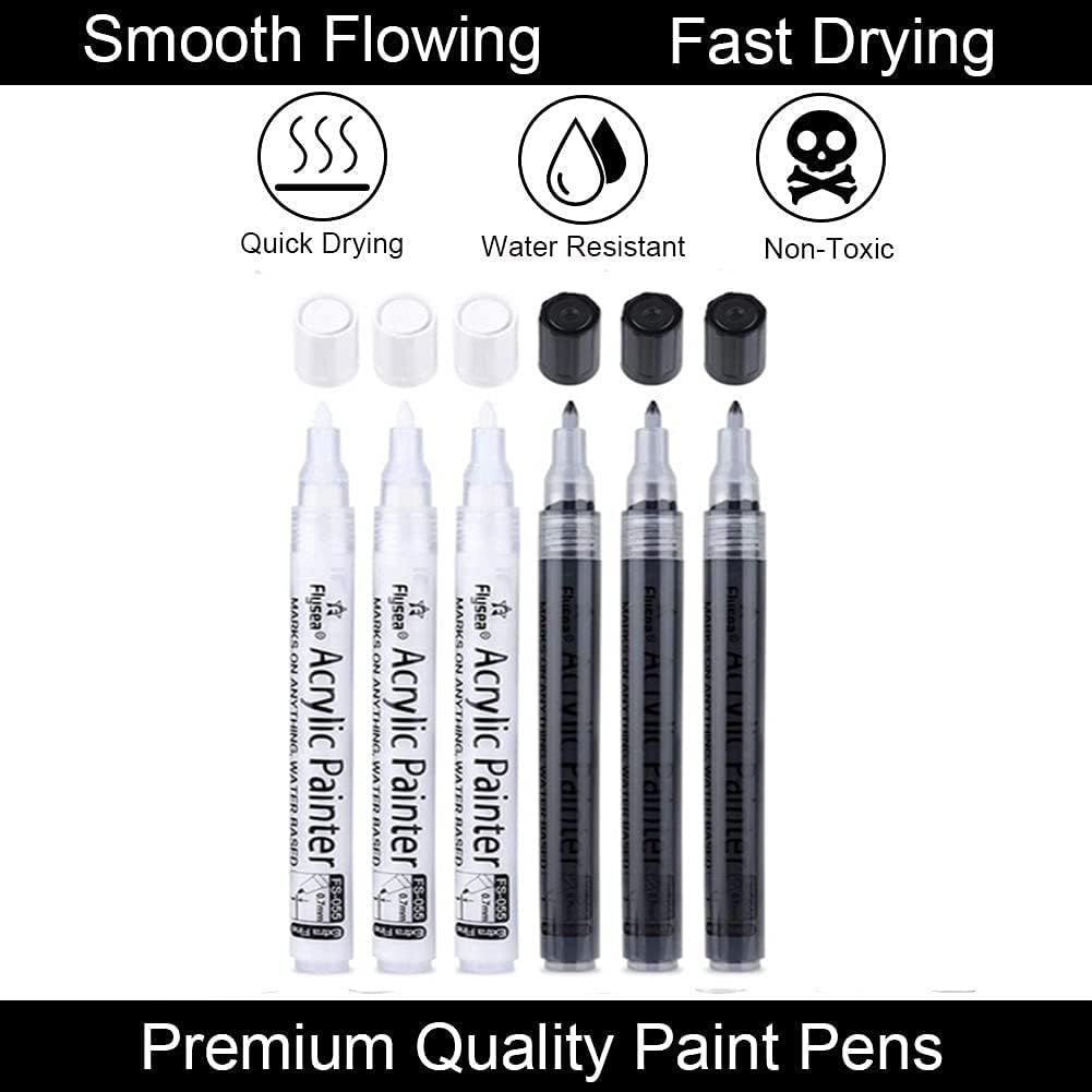 6 Pack 0.7mm Acrylic Black Permanent Marker White Paint Pens for Rock Painting Stone Wood Plastic Ceramic, Glass