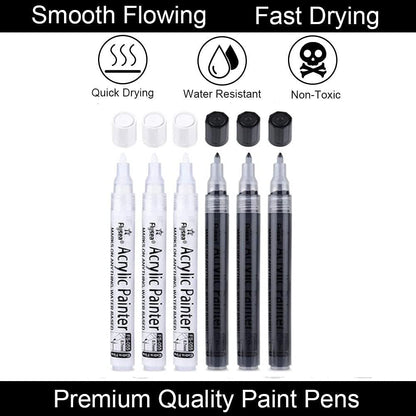 6 Pack 0.7mm Acrylic Black Permanent Marker White Paint Pens for Rock Painting Stone Wood Plastic Ceramic, Glass