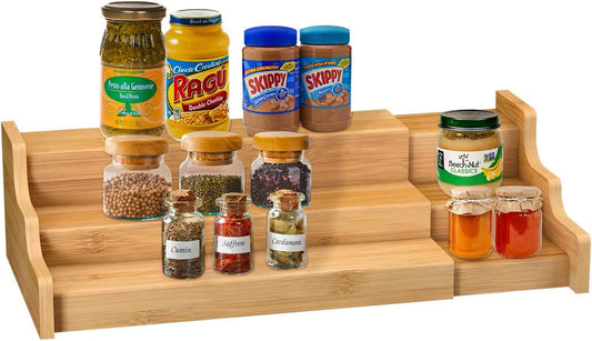 Rack Kitchen Cabinet Organizer 3 Tier Bamboo Expandable Display Shelf