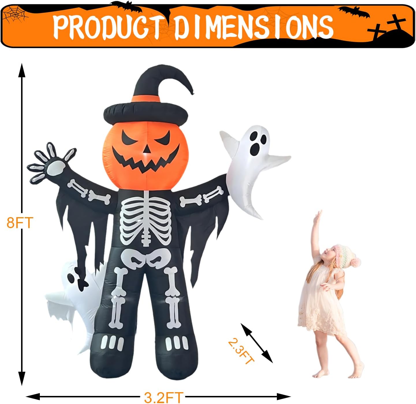 8ft Skeleton Pumpkin with Ghosts Halloween Inflatable Decorations Giant LED-Lit Outdoor Indoor Yard Decor for Lawn