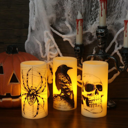 Flickering Candles Battery Operated with 6H Timer Skull Spider Web Crow Raven Spooky