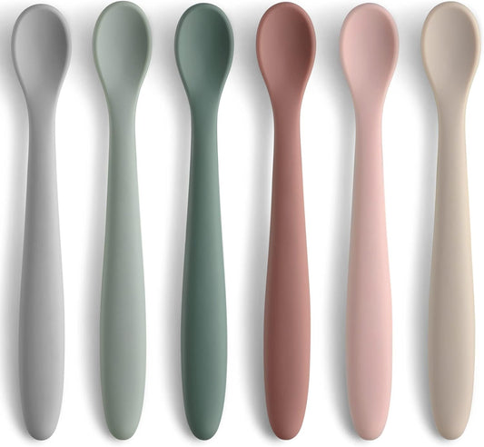 6 Piece Silicone  Baby Feeding Spoons First Stage Infant Spoons Soft-Tip Easy on Gums  Baby Training Spoon