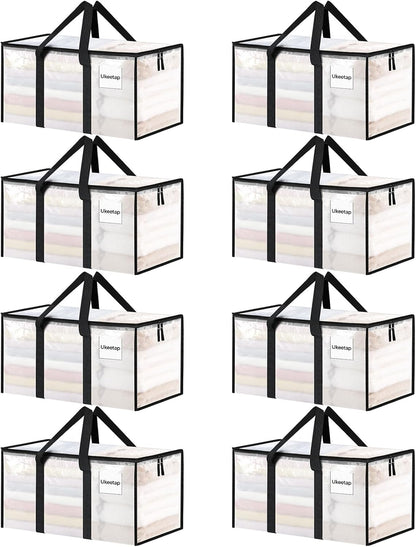 8 Pack Extra Large Heavy Duty Moving Bags Clear Storage Bins with Lids Reinforced Handles & Heavy-Duty Zippers