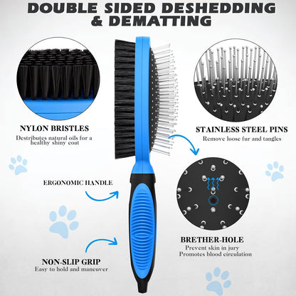 2PCS Pet Grooming Tools Double Sided Brush for Shedding and Bathing Suitable for Short Long Haired Dogs Cats