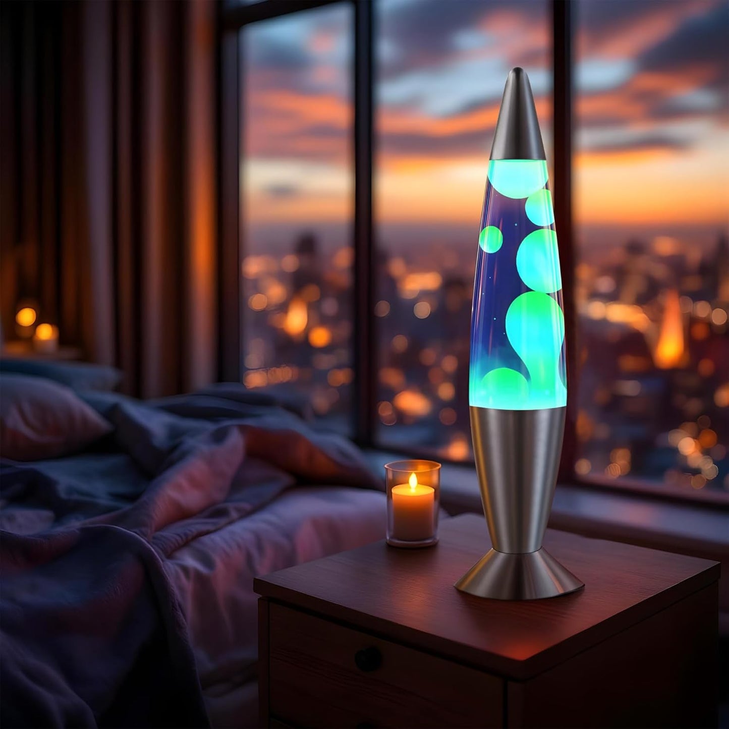 16" Beautiful Lamp Blue with Yellow/Green Wax Relaxing Liquid Light Night Light Nightlight