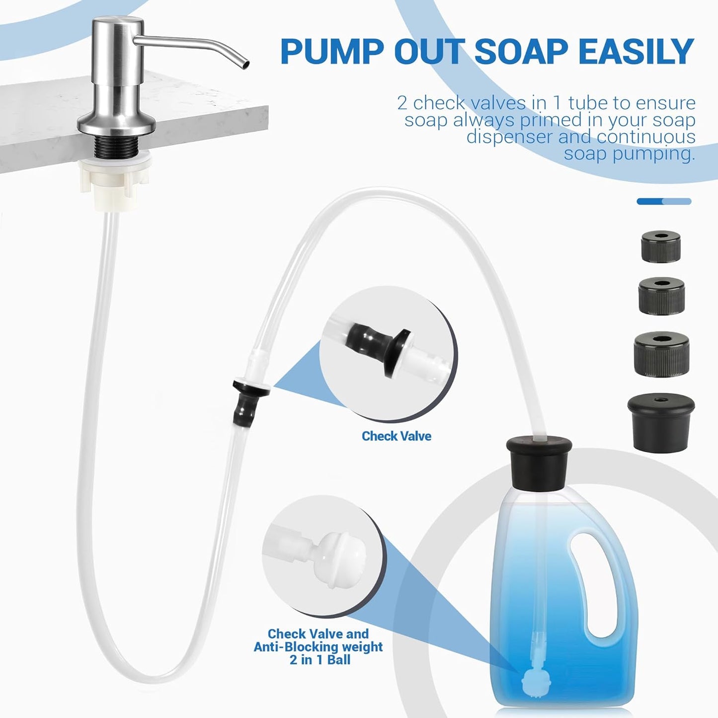 Under Sink Dish Soap Dispenser with 47" Tube Hose and Check Valve for Prevent Backflow Countertop