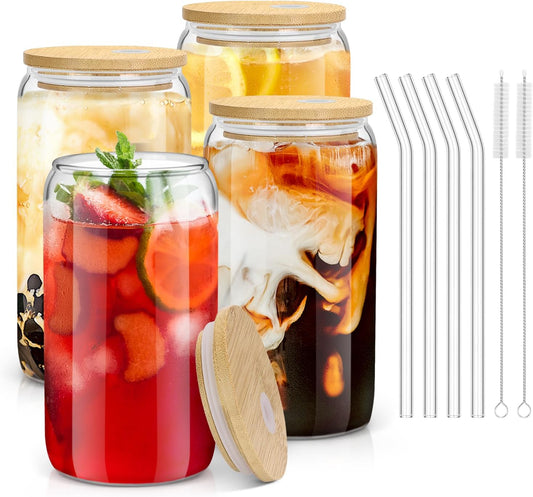 4PCS Glass Cups with Bamboo Lids and Straws 16OZ Ice Coffee Cup Drinking Cup set with Wooden Lids, Home Essential