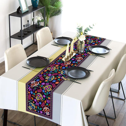 Table Runner Cinco de Mayo Rustic Linen Mexican Sugar Skull Day of The Dead Altar Decoration