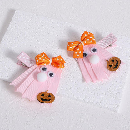 Curly Ribbon Hair Bows for Girls, 4 Pcs Cute Pink Ghost Pigtails Hair Clip Barrettes for Baby Toddler Teen Women Trick or Treat Gift