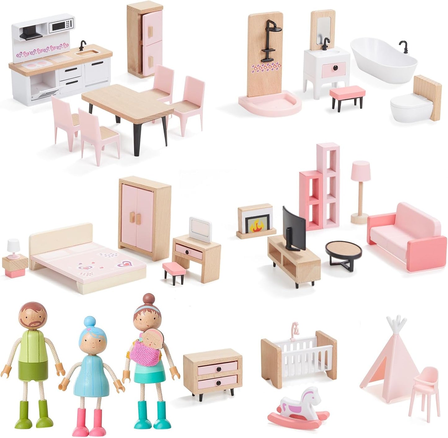 36pcs Wooden Dollhouse Furniture Set with Dolls for 5 Rooms, Wood & Plastic Pink Dollhouse Accessories