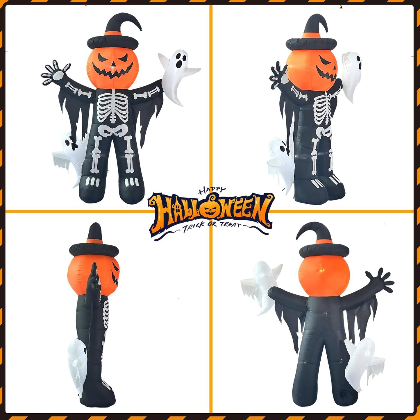8ft Skeleton Pumpkin with Ghosts Halloween Inflatable Decorations Giant LED-Lit Outdoor Indoor Yard Decor for Lawn