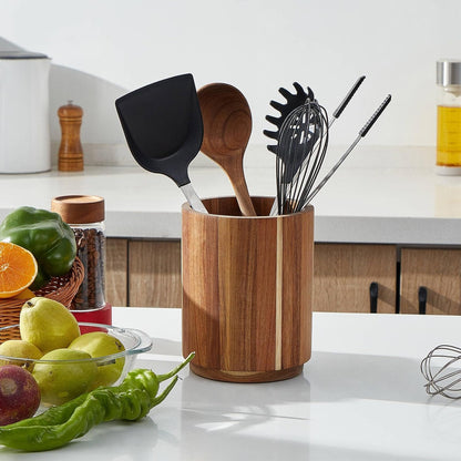 Wood Utensil Holder for Kitchen Counter 360° Rotating 7.2" Wooden Cooking Utensil Crock for Countertop